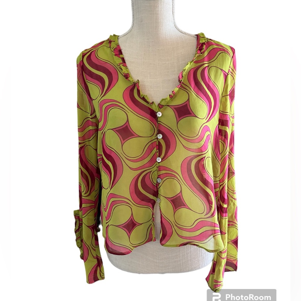 Zara 70s Retro Pink Green Mesh Sheer Colorful Button Blouse